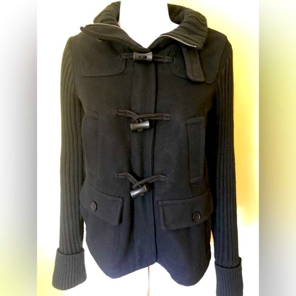 GAP Black Wool & Sweater Knit Sleeve Toggle Button Front Zip Coat